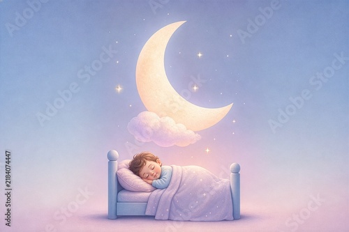 Minimal poster-style bedtime illustration of a sleeping child beneath a crescent moon and stars.