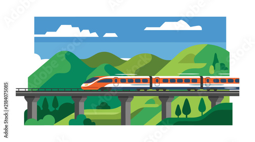 Sleek modern high-speed passenger train speeding along elevated viaduct bridge through rolling green mountains with blue sky white clouds scenic landscape flat vector illustration design