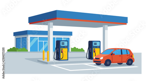 Flat vector illustration of a modern petrol station with blue canopy and two fuel pumps, small orange car at pump, convenience store, clean minimal design style, transportation and energy concept