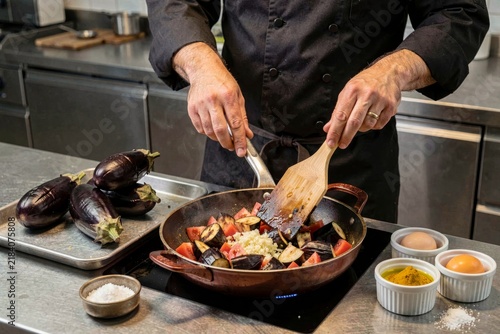 Chef in modern kitchen preparing Mirza Ghasemi using wooden spatula on stovetop with cooked vegetables. Concept of smoked eggplant with tomato garlic eggs creation process.