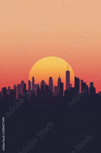 Minimalist city skyline vector illustration at golden hour with warm gradient urban atmosphere