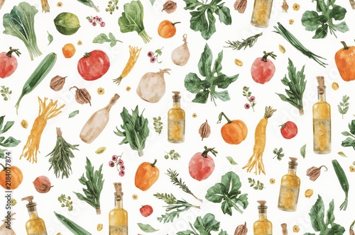 Minimal watercolor cooking ingredients seamless pattern with vegetables herbs and bottles