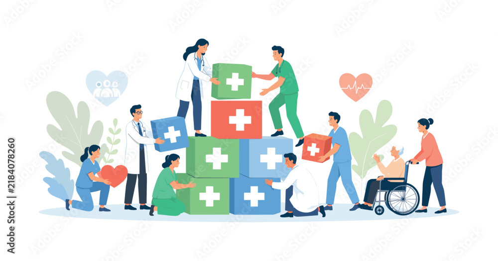 Fototapeta premium Medical team building healthcare structure with blocks symbolizing patient care