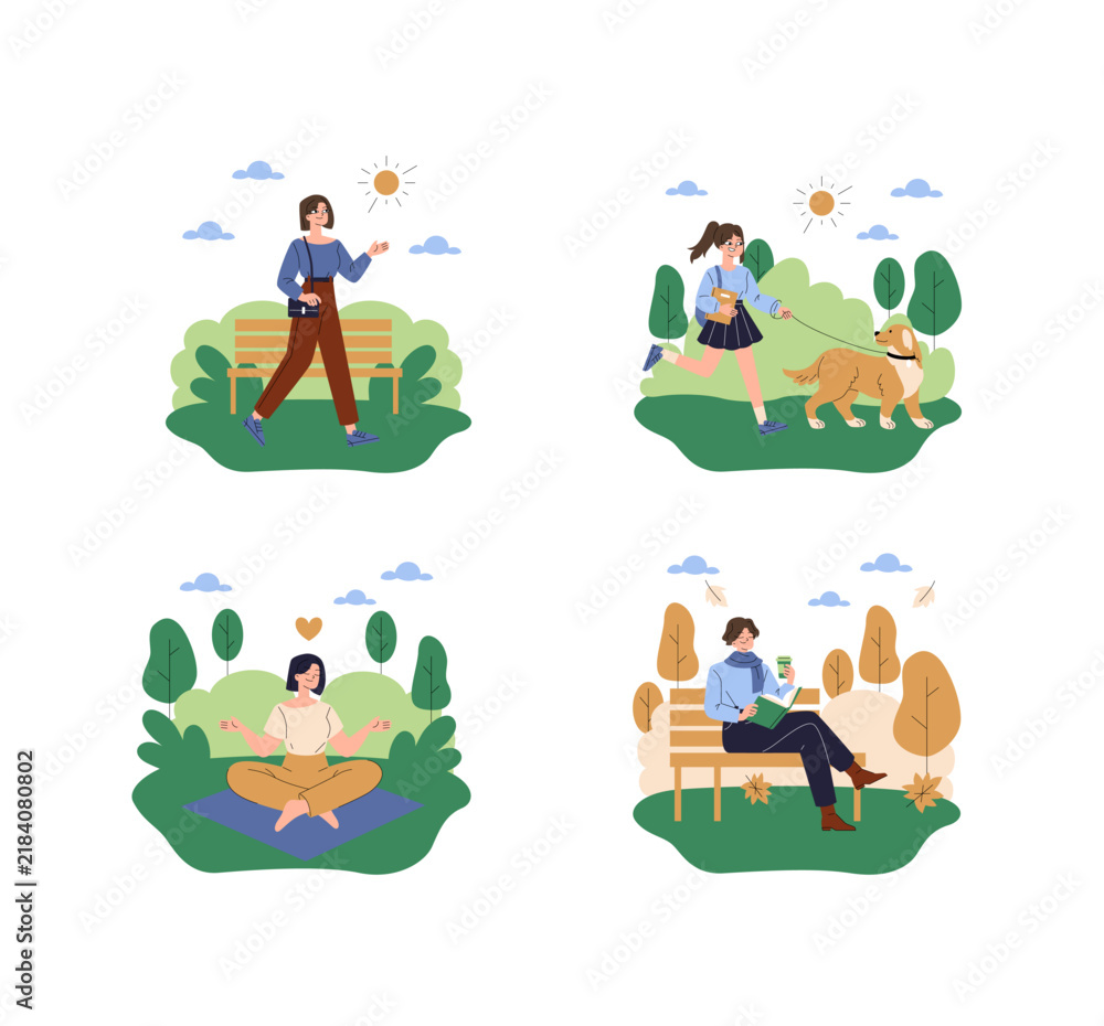 Fototapeta premium People enjoying outdoor leisure activities in park set
