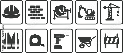 Set of ten construction and building industry featuring dark gray silhouettes of safety gear, heavy machinery, and manual tools inside rounded square frames on a white background
