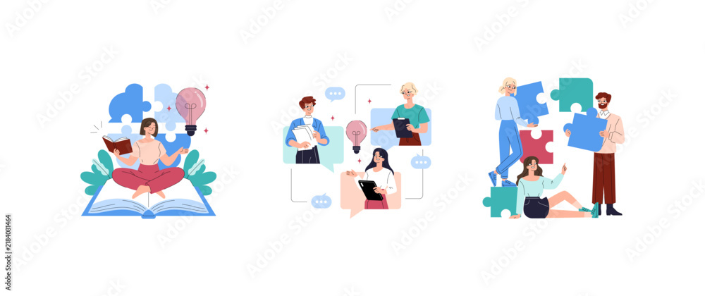 Fototapeta premium Students learning online and solving puzzle teamwork set