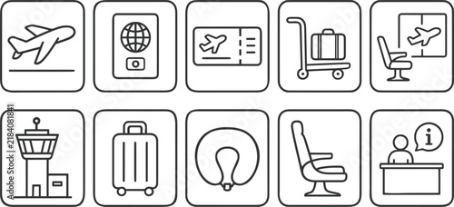 Set of ten black and white airport and travel featuring airplane, passport, boarding pass, luggage cart, suitcase, neck pillow, control tower, and information desk symbols