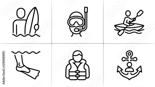Collection of minimalist black and white icons for ocean adventures and aquatic recreation
