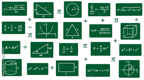 Foto Dark green chalkboard seamless pattern with white mathematical formulas equation