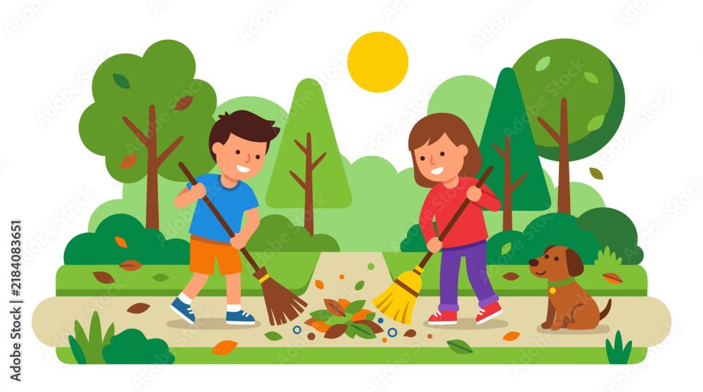 Fototapeta premium Two smiling children, boy and girl, with brooms sweeping fallen leaves and trash in a sunny green garden while a small brown dog watches, late autumn cleanup scene, flat vector illustration style