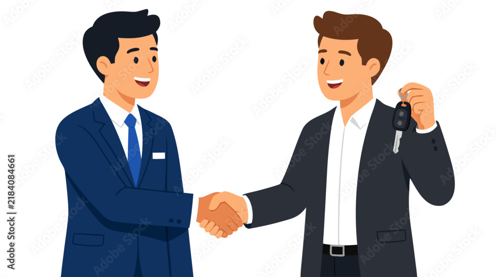 Fototapeta premium Car rental agent shaking hands with businessman holding car key, flat vector illustration of professional handshake deal in automobile leasing service - professional detailed commercial stock