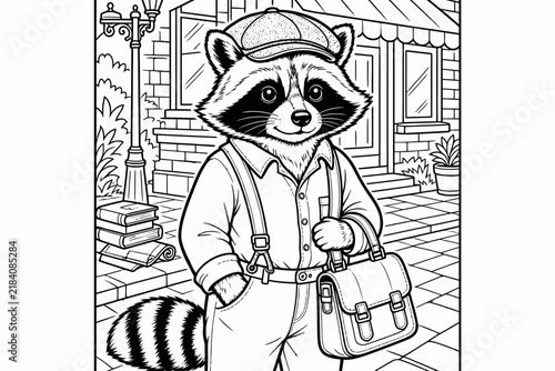Obraz na płótnie Cute raccoon wearing a newsboy cap and suspenders coloring page for kids