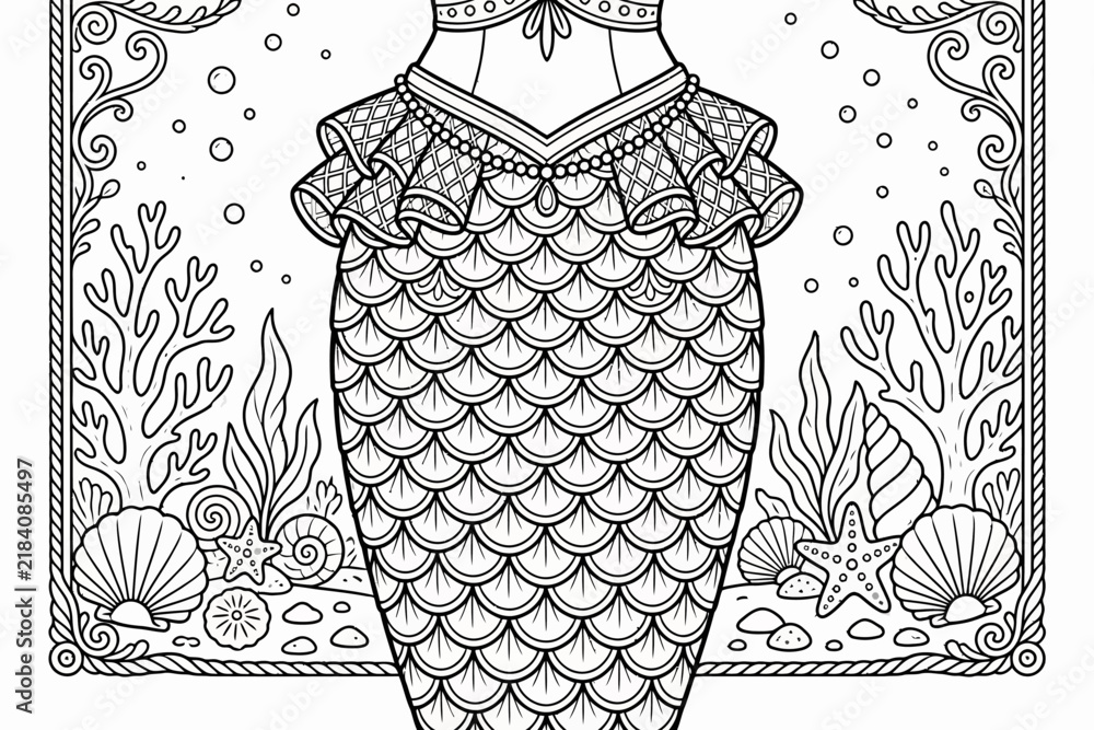Obraz premium Mermaid tail coloring page for kids and adults with underwater ocean scenery.