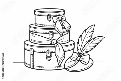Bild auf Leinwand Stack of vintage hat boxes with a fancy feathered hat coloring page