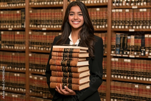 Smiling young female student holding a large stack of law books inside a traditional library