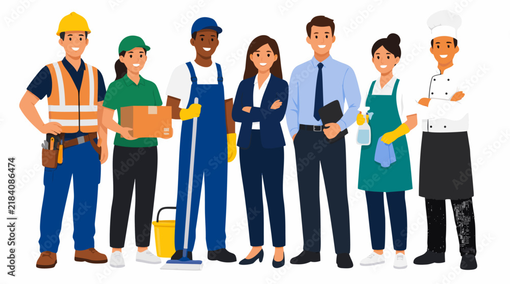 Obraz premium Diverse group of employees in different uniforms construction worker delivery person cleaner office worker chef illustration - professional high resolution commercial detailed commercial stock