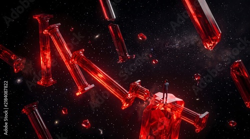 An abstract representation of broken red glass vials floating in space. The shards reflect light and create a chaotic yet captivating visual