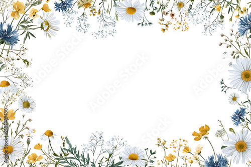 Wildflower frame with daisies, cornflowers, and yellow blossoms isolated on transparent background