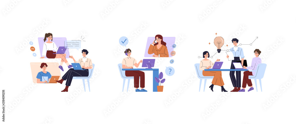 Fototapeta premium Remote Team Working and Meeting Online Vector Illustration