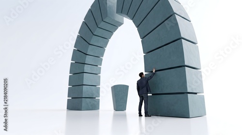 Gateway to Opportunity: A solitary businessman stands beneath a monumental stone archway, poised at the threshold of a new beginning, symbolizing ambition and future success.