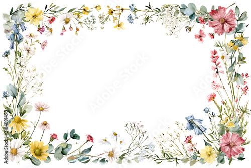 Watercolor floral frame with wildflowers and greenery isolated on transparent background