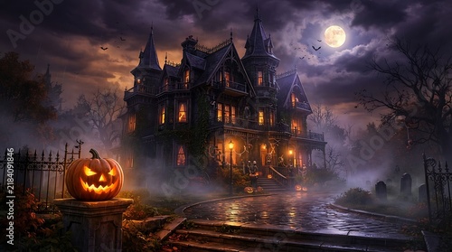 Spooky haunted mansion at night under a full moon with glowing jack-o-lantern haunted house halloween mansion gothic archi