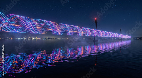 Neon linear data stream traveling across a futuristic cable bridge at night