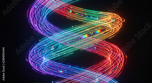 Colorful neon linear data spiral with spectrum analysis overlays