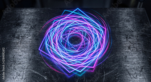 Complex geometric neon linear data mandala on a scratched metallic surface