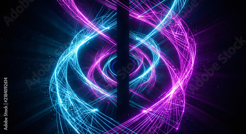 Abstract intersecting neon linear data streams around a central black pillar