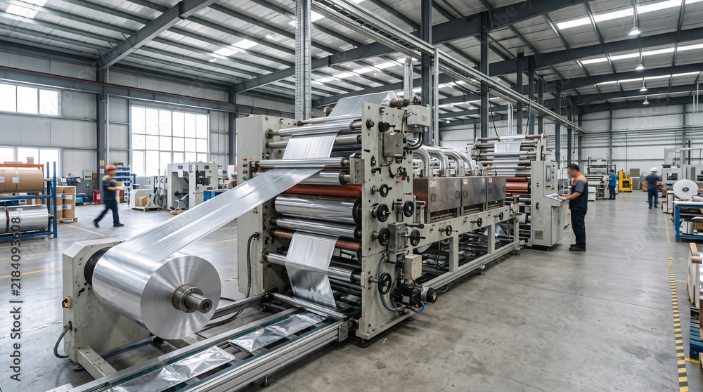 Fototapeta premium Industrial machine processing metallic film in a modern manufacturing facility