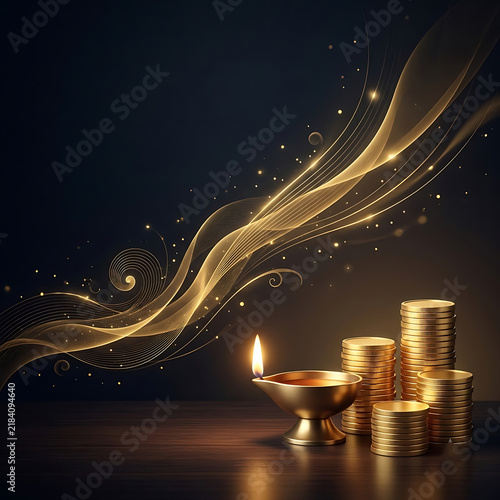Premium Dhanteras wealth and prosperity concept with brass diya, gold coins, marigold petals and elegant Indian decoration, luxurious festive background for financial, retail and seasonal greeting des