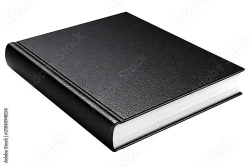 Closed black leather book with textured cover isolated on transparent background