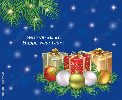 Merry Christmas and Happy New Year. Greeting card with gift boxes and baubles on fir branches on blue background with stars. Vector illustration  for posters, party materials, holiday design.