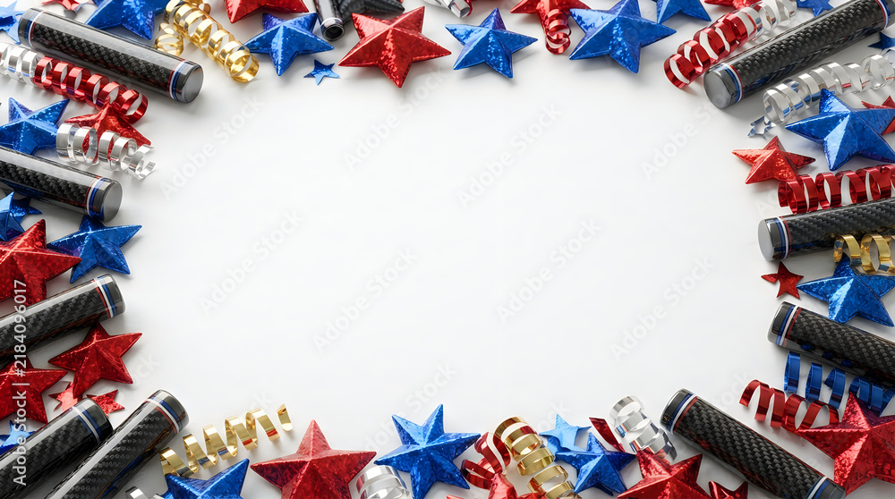 Obraz premium Red and blue stars with party confetti border for celebrations and patriotic holidays