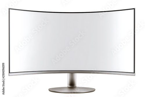Modern curved computer monitor with blank white screen isolated on transparent background