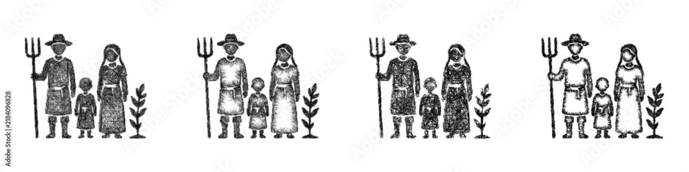 Obraz premium Sketch monochrome farming family icon design set