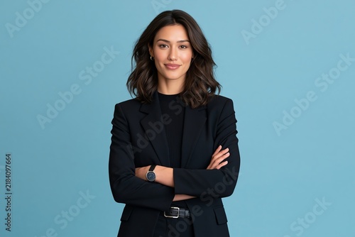 Confident business woman standing with arms crossed against a solid blue background studio portrait