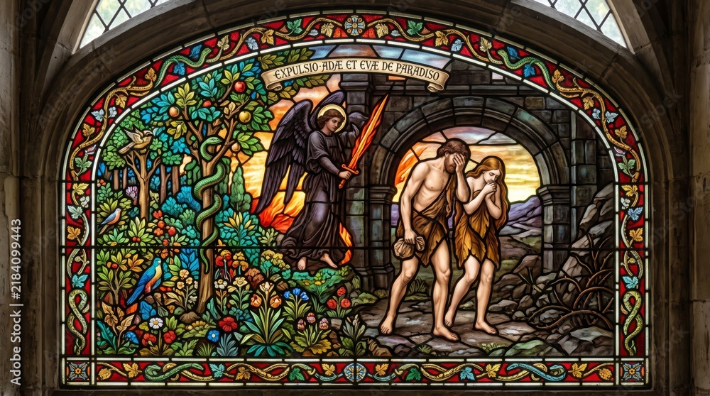 Fototapeta premium Stained glass window depicting expulsion of Adam and Eve from paradise by angel with flaming sword. Biblical scene in gothic church