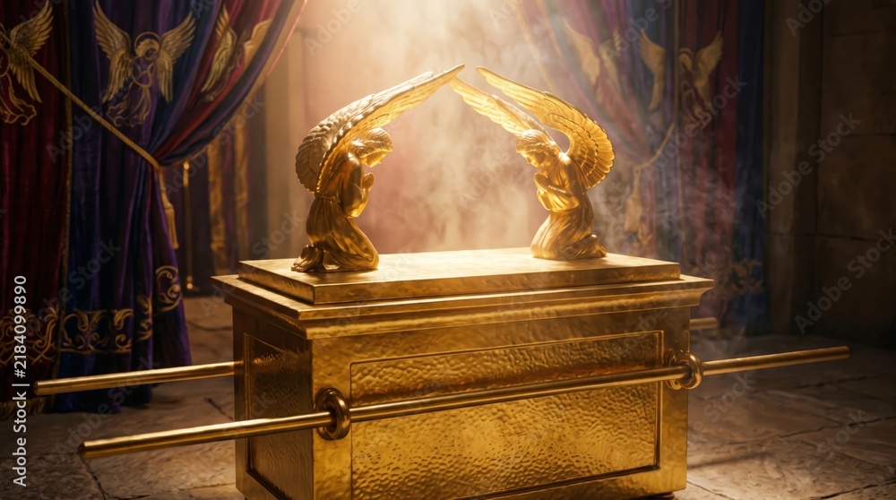 Fototapeta premium Golden ark of the covenant with two kneeling angel figures on top in sacred temple interior. Divine light and smoke, religious relic and biblical history concept for christian faith, spirituality and