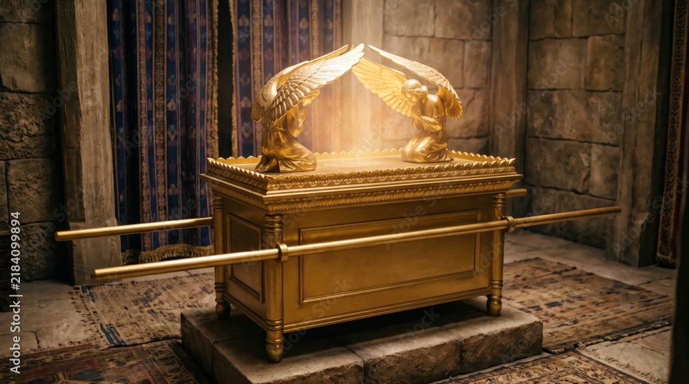 Fototapeta premium Golden ark of covenant with two angel figures inside ancient temple. Biblical sacred relic with divine light in stone sanctuary. Religious history, faith and old testament concept.