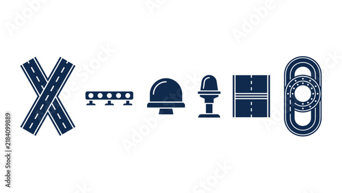 Set of airport runway layout taxiway edge lights and airfield navigation markings icons in dark blue