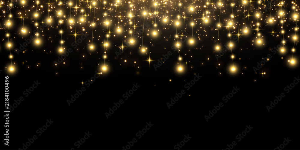 Obraz premium Christmas light bulbs with sparkling dust particles. Vector glowing garlands string illustration isolated on png. New Year's party lights, holiday decorations. Winter holiday season element. 