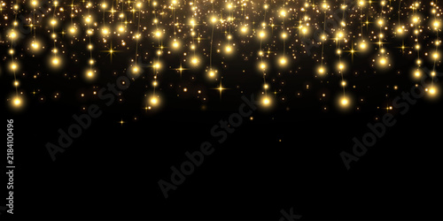 Christmas light bulbs with sparkling dust particles. Vector glowing garlands string illustration isolated on png. New Year's party lights, holiday decorations. Winter holiday season element. 