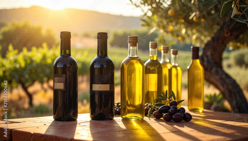 Obraz premium Premium olive oil and wine bottles displayed outdoors with fresh olives and sunlight