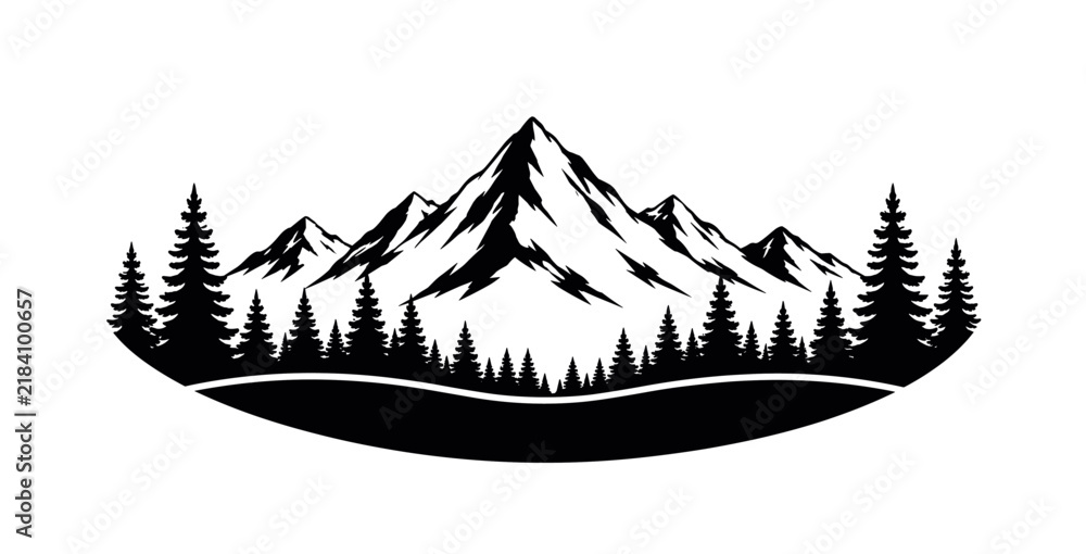 Obraz premium Oval emblem featuring a stylized mountain range with pine trees