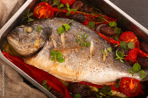 Baked Sea Bream with Herbs, Vegetables and Olives