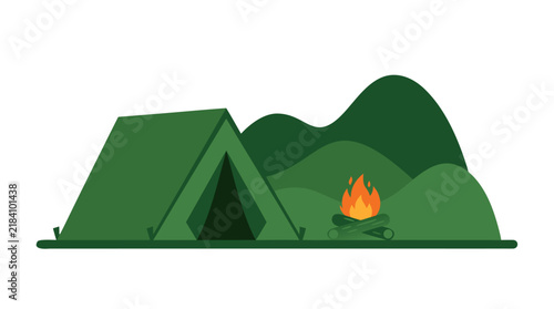 Minimal flat design camping illustration featuring green tent and orange campfire beside rolling forest hills, outdoor adventure camping icon, nature camping concept vector graphic
