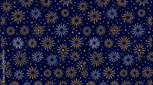 Seamless pattern of small golden and silver firework bursts with sparkle dots on deep navy blue background, festive celebration design, vector illustration for New Year, holiday, party invitations
