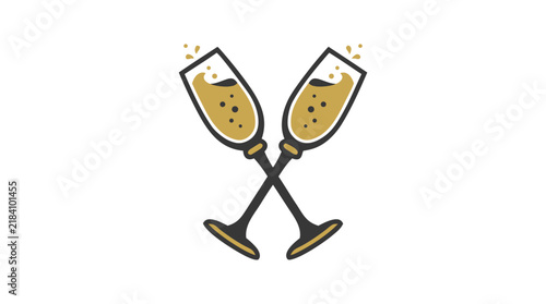 Two elegant champagne flutes crossed at stems forming a celebratory toast symbol, minimal flat design vector illustration in charcoal and gold colors with champagne bubbles and splashes